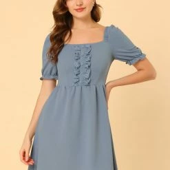 Allegra K Women's Elegant Square Neck Lace Insert Puff Short Sleeve Dress