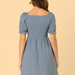 Allegra K Women's Elegant Square Neck Lace Insert Puff Short Sleeve Dress