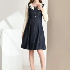 Allegra K Women's Lapel Collar Button Decor Long Sleeve Flared A-line Dress