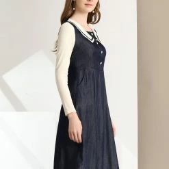 Allegra K Women's Lapel Collar Button Decor Long Sleeve Flared A-line Dress