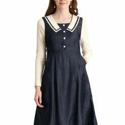 Allegra K Women's Lapel Collar Button Decor Long Sleeve Flared A-line Dress