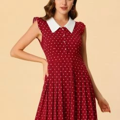 Allegra K Women's Casual Peter Pan Collar Heart Pleated Mini Dress