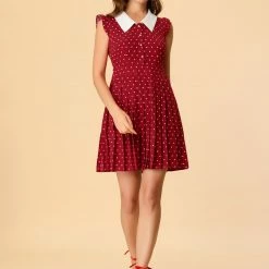 Allegra K Women's Casual Peter Pan Collar Heart Pleated Mini Dress