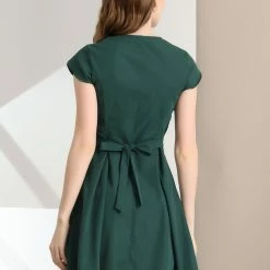 Allegra K Women's Tulip Sleeve High Rise Flowy A-Line Casual Tie Waist Mini Dress