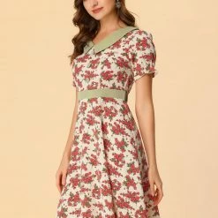 Allegra K Women's Floral Dress V Neck Short Sleeve Contrast Color Dresses