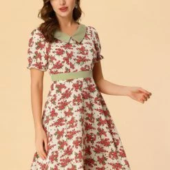 Allegra K Women's Floral Dress V Neck Short Sleeve Contrast Color Dresses