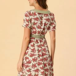 Allegra K Women's Floral Dress V Neck Short Sleeve Contrast Color Dresses