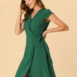 Allegra K Women's V Neck Ruffle Hem Short Sleeve Faux Wrap Dress