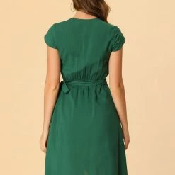 Allegra K Women's V Neck Ruffle Hem Short Sleeve Faux Wrap Dress