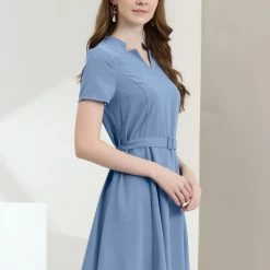 Allegra K Women's Split V Neck Belted Flare Bell Sleeve Solid Midi Dress 11 Allegra K Women's Split V Neck Belted Flare Bell Sleeve Solid Midi Dress