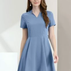 Allegra K Women's Split V Neck Belted Flare Bell Sleeve Solid Midi Dress 14 Allegra K Women's Split V Neck Belted Flare Bell Sleeve Solid Midi Dress