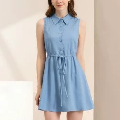 Allegra K Women's Mini Dress Sleeveless Turndown Collar Button Up Pleated Drawstring Waist Shirt Dresses 17 Allegra K Women's Mini Dress Sleeveless Turndown Collar Button Up Pleated Drawstring Waist Shirt Dresses