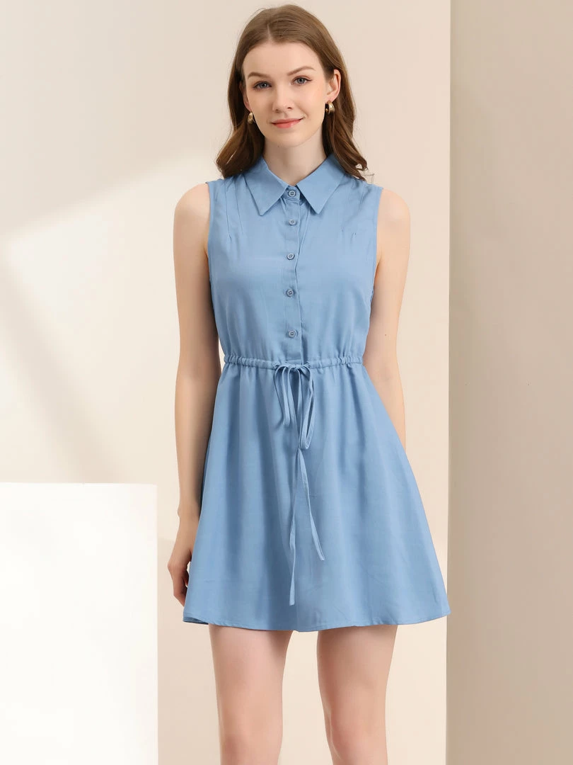 Allegra K Women's Mini Dress Sleeveless Turndown Collar Button Up Pleated Drawstring Waist Shirt Dresses 5 Allegra K Women's Mini Dress Sleeveless Turndown Collar Button Up Pleated Drawstring Waist Shirt Dresses