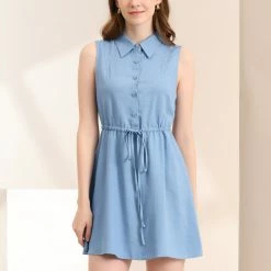 Allegra K Women's Mini Dress Sleeveless Turndown Collar Button Up Pleated Drawstring Waist Shirt Dresses 18 Allegra K Women's Mini Dress Sleeveless Turndown Collar Button Up Pleated Drawstring Waist Shirt Dresses