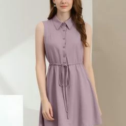 Allegra K Women's Mini Dress Sleeveless Turndown Collar Button Up Pleated Drawstring Waist Shirt Dresses 23 Allegra K Women's Mini Dress Sleeveless Turndown Collar Button Up Pleated Drawstring Waist Shirt Dresses