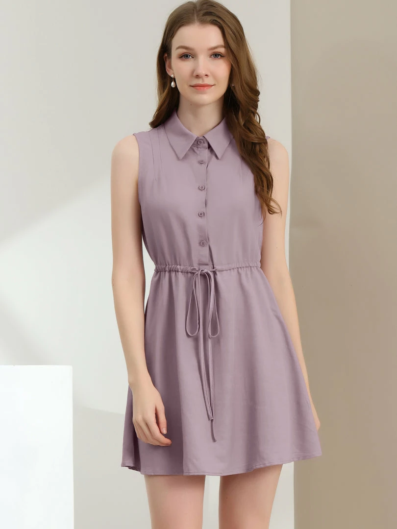 Allegra K Women's Mini Dress Sleeveless Turndown Collar Button Up Pleated Drawstring Waist Shirt Dresses 11 Allegra K Women's Mini Dress Sleeveless Turndown Collar Button Up Pleated Drawstring Waist Shirt Dresses