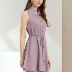 Allegra K Women's Mini Dress Sleeveless Turndown Collar Button Up Pleated Drawstring Waist Shirt Dresses 25 Allegra K Women's Mini Dress Sleeveless Turndown Collar Button Up Pleated Drawstring Waist Shirt Dresses