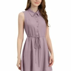 Allegra K Women's Mini Dress Sleeveless Turndown Collar Button Up Pleated Drawstring Waist Shirt Dresses 22 Allegra K Women's Mini Dress Sleeveless Turndown Collar Button Up Pleated Drawstring Waist Shirt Dresses