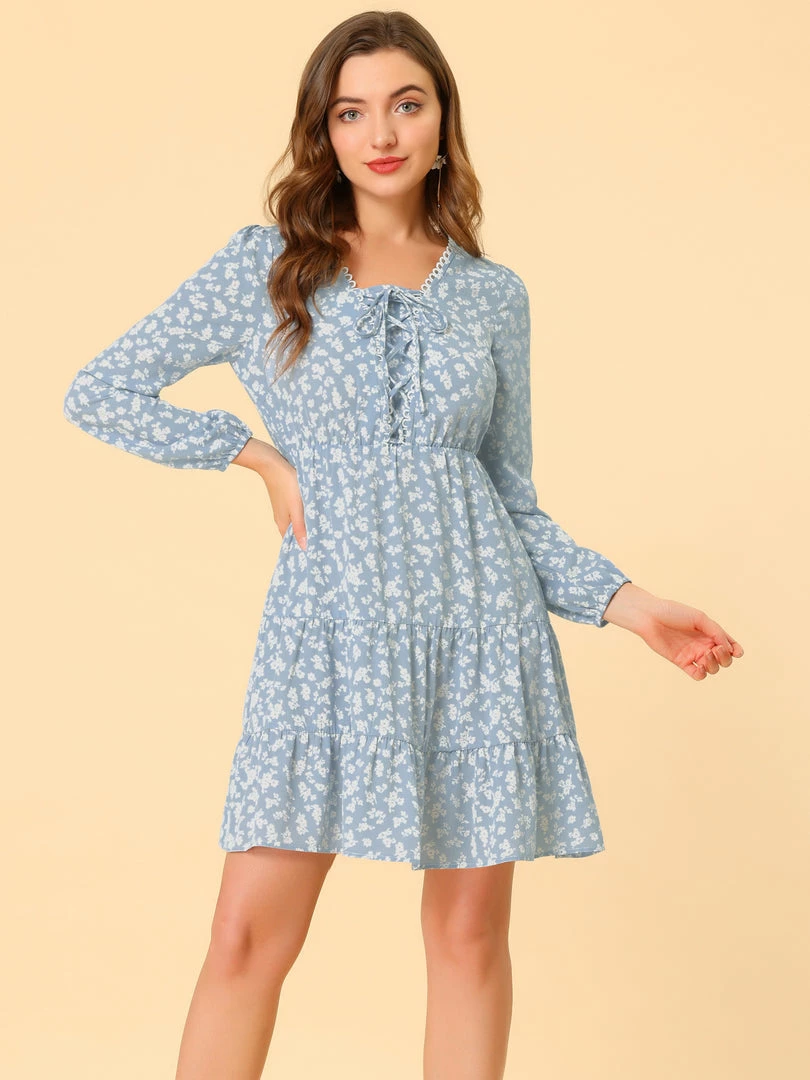 Allegra K Women's Ditsy Floral Lace Up Elegant Chiffon Tie Front A-Line Mini Dress 6 Allegra K Women's Ditsy Floral Lace Up Elegant Chiffon Tie Front A-Line Mini Dress