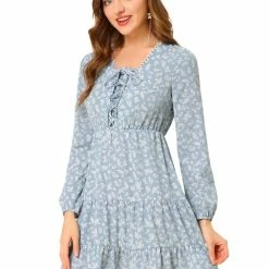 Allegra K Women's Ditsy Floral Lace Up Elegant Chiffon Tie Front A-Line Mini Dress