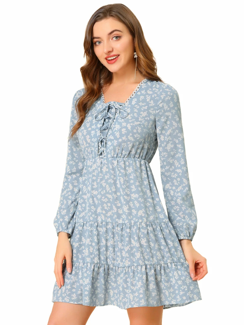 Allegra K Women's Ditsy Floral Lace Up Elegant Chiffon Tie Front A-Line Mini Dress 4 Allegra K Women's Ditsy Floral Lace Up Elegant Chiffon Tie Front A-Line Mini Dress