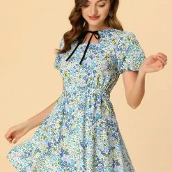 Allegra K Women's Summer Tie Neck Keyhole Puff Short Sleeve Floral Mini Dress 11 Allegra K Women's Summer Tie Neck Keyhole Puff Short Sleeve Floral Mini Dress