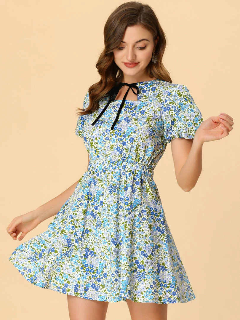 Allegra K Women's Summer Tie Neck Keyhole Puff Short Sleeve Floral Mini Dress 5 Allegra K Women's Summer Tie Neck Keyhole Puff Short Sleeve Floral Mini Dress