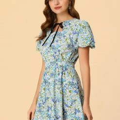 Allegra K Women's Summer Tie Neck Keyhole Puff Short Sleeve Floral Mini Dress 13 Allegra K Women's Summer Tie Neck Keyhole Puff Short Sleeve Floral Mini Dress