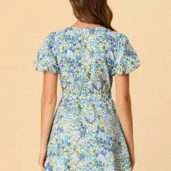 Allegra K Women's Summer Tie Neck Keyhole Puff Short Sleeve Floral Mini Dress 14 Allegra K Women's Summer Tie Neck Keyhole Puff Short Sleeve Floral Mini Dress