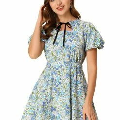 Allegra K Women's Summer Tie Neck Keyhole Puff Short Sleeve Floral Mini Dress