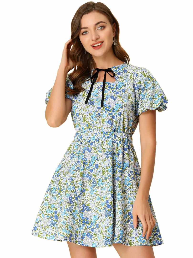 Allegra K Women's Summer Tie Neck Keyhole Puff Short Sleeve Floral Mini Dress 4 Allegra K Women's Summer Tie Neck Keyhole Puff Short Sleeve Floral Mini Dress