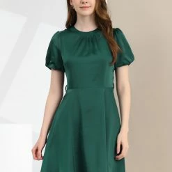 Allegra K Women's Elegant Pleated Crew Neck Puff Short Sleeve Belted Satin Dress 11 Allegra K Women's Elegant Pleated Crew Neck Puff Short Sleeve Belted Satin Dress