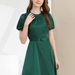 Allegra K Women's Elegant Pleated Crew Neck Puff Short Sleeve Belted Satin Dress 12 Allegra K Women's Elegant Pleated Crew Neck Puff Short Sleeve Belted Satin Dress