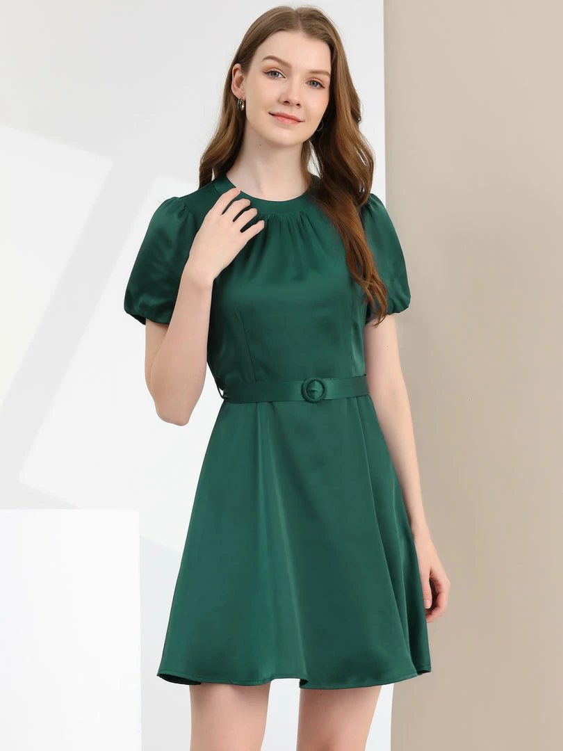 Allegra K Women's Elegant Pleated Crew Neck Puff Short Sleeve Belted Satin Dress 6 Allegra K Women's Elegant Pleated Crew Neck Puff Short Sleeve Belted Satin Dress