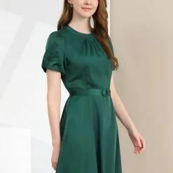 Allegra K Women's Elegant Pleated Crew Neck Puff Short Sleeve Belted Satin Dress 13 Allegra K Women's Elegant Pleated Crew Neck Puff Short Sleeve Belted Satin Dress