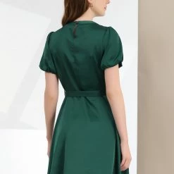 Allegra K Women's Elegant Pleated Crew Neck Puff Short Sleeve Belted Satin Dress 14 Allegra K Women's Elegant Pleated Crew Neck Puff Short Sleeve Belted Satin Dress