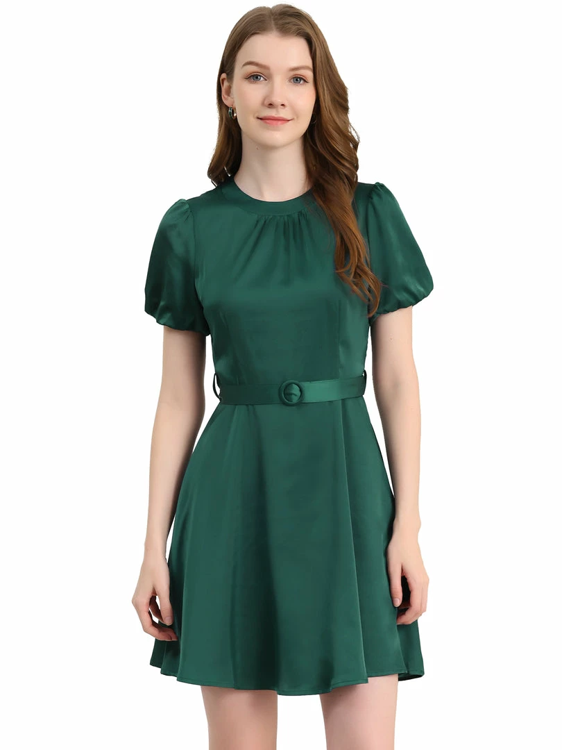 Allegra K Women's Elegant Pleated Crew Neck Puff Short Sleeve Belted Satin Dress 4 Allegra K Women's Elegant Pleated Crew Neck Puff Short Sleeve Belted Satin Dress