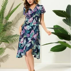 Allegra K Women's Midi Wrap Fit And Flare Summer Tropical Floral Dress