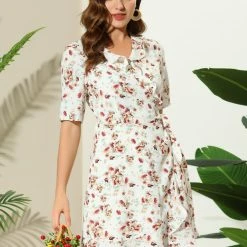 Allegra K Women's Ruffle Wrap Self Tie 3/4 Sleeve Floral Dress