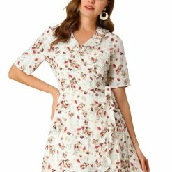 Allegra K Women's Ruffle Wrap Self Tie 3/4 Sleeve Floral Dress