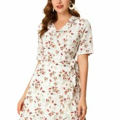Allegra K Women's Ruffle Wrap Self Tie 3/4 Sleeve Floral Dress