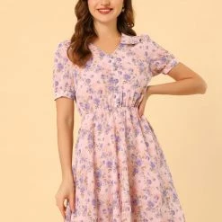 Allegra K Women's Floral Peter Pan Collar Ruffle Puff Sleeve Sheer Chiffon Short Sleeve Dress 12 Allegra K Women's Floral Peter Pan Collar Ruffle Puff Sleeve Sheer Chiffon Short Sleeve Dress