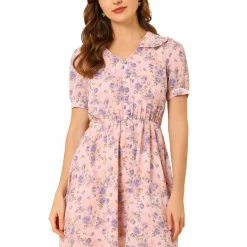 Allegra K Women's Floral Peter Pan Collar Ruffle Puff Sleeve Sheer Chiffon Short Sleeve Dress