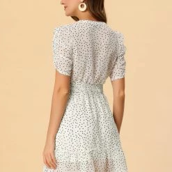 Allegra K Women's Polka Dots Bow Tie Neck Elastic Waist Ruched Puff Sleeves Chiffon Dress 14 Allegra K Women's Polka Dots Bow Tie Neck Elastic Waist Ruched Puff Sleeves Chiffon Dress