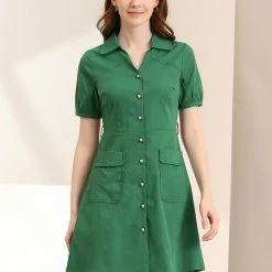 Allegra K Women's Vintage Lapel Puff Short Sleeve Belted Button Down Shirt Dress 13 Allegra K Women's Vintage Lapel Puff Short Sleeve Belted Button Down Shirt Dress