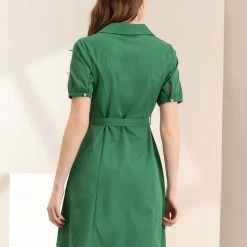 Allegra K Women's Vintage Lapel Puff Short Sleeve Belted Button Down Shirt Dress 14 Allegra K Women's Vintage Lapel Puff Short Sleeve Belted Button Down Shirt Dress