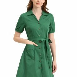 Allegra K Women's Vintage Lapel Puff Short Sleeve Belted Button Down Shirt Dress