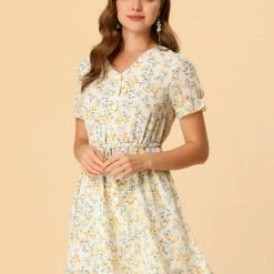 Allegra K Women's Puff Short Sleeve V Neck Floral Ruffle Chiffon Drawstring Waist Summer Dress 12 Allegra K Women's Puff Short Sleeve V Neck Floral Ruffle Chiffon Drawstring Waist Summer Dress