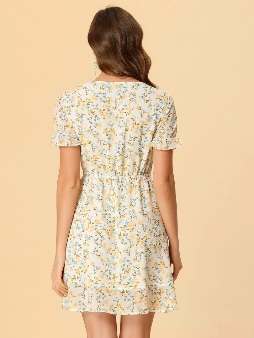 Allegra K Women's Puff Short Sleeve V Neck Floral Ruffle Chiffon Drawstring Waist Summer Dress 8 Allegra K Women's Puff Short Sleeve V Neck Floral Ruffle Chiffon Drawstring Waist Summer Dress