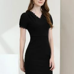 Allegra K Women's Elegant V Neck Scalloped Lace Trim Knit Short Sleeve Dress 11 Allegra K Women's Elegant V Neck Scalloped Lace Trim Knit Short Sleeve Dress